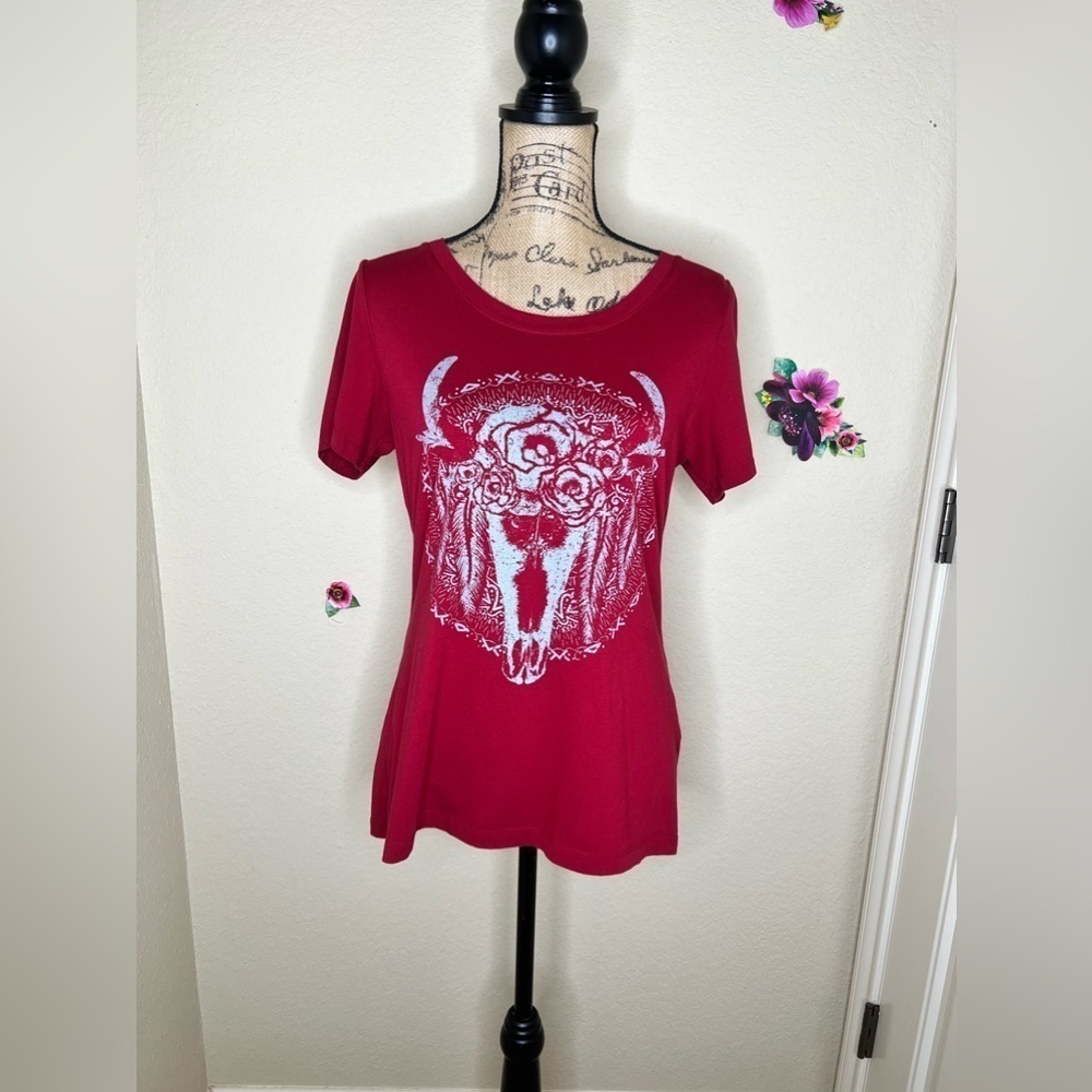Cheekys Western Skull Feathers & Flowers Maroon Red Short Sleeve T Shirt Size M
